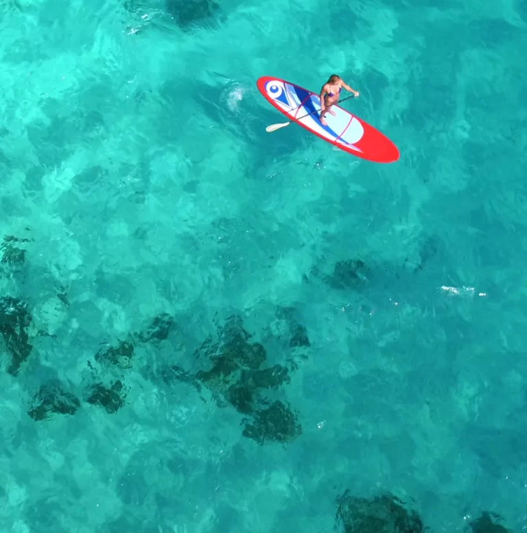 image plan large paddle dans une étendue dos turquoise vue du dessus